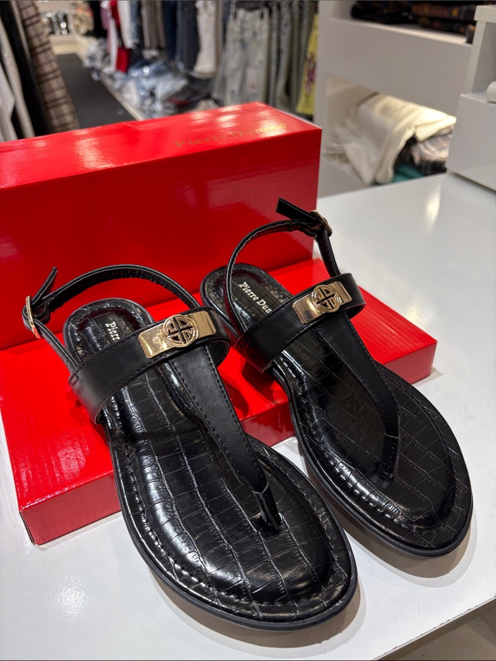 Pierre Dumas Black Croc-Embossed T-Strap Sandals with Gold Accents